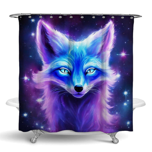 Bathroom Shower Curtain Set, Purple Blue Fox Galaxy Starry Sky Water Resistant Fabric with Curtain Hooks, 72"x 70"