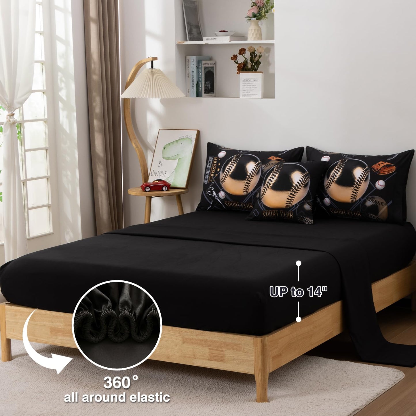 A Nice Night Baseball Printed Comforter Sets,with ‌Baseball Glove Player‌ Printing Twin 6Pcs Bedding Set in a Bag for Teen Boys