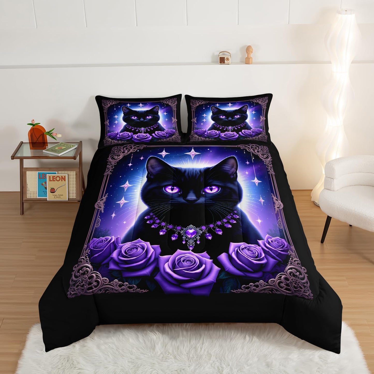 HOSIMA Cat Queen Comforter for Kids Boys Girls Room Decor,Black Cat Wearing Diamond Necklace Surrounded by Roses,Animal Themed Glowing Stars Background Pattern Cute Bedding with 2 Pillowcases.