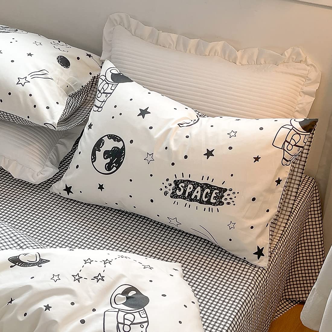 LIWHENHAO Space Duvet Cover Set 100% Cotton Full Queen Cartoon Rocket Astronaut Universe Planet Bedding 1 Black White Comforter Cover 2 Pillowcases for Kids Girls Boys Teens Woman