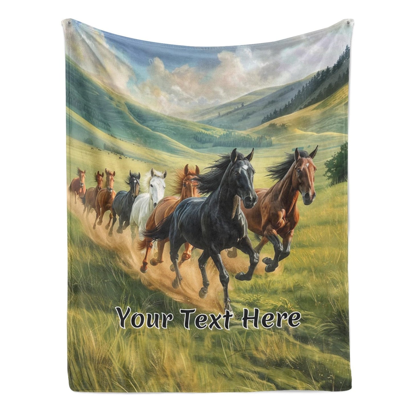 Personalized Horses Blanket with Name, Galloping Running Horse Soft Decorative Flannel Throw Blanket for Bed Couch, Birthday