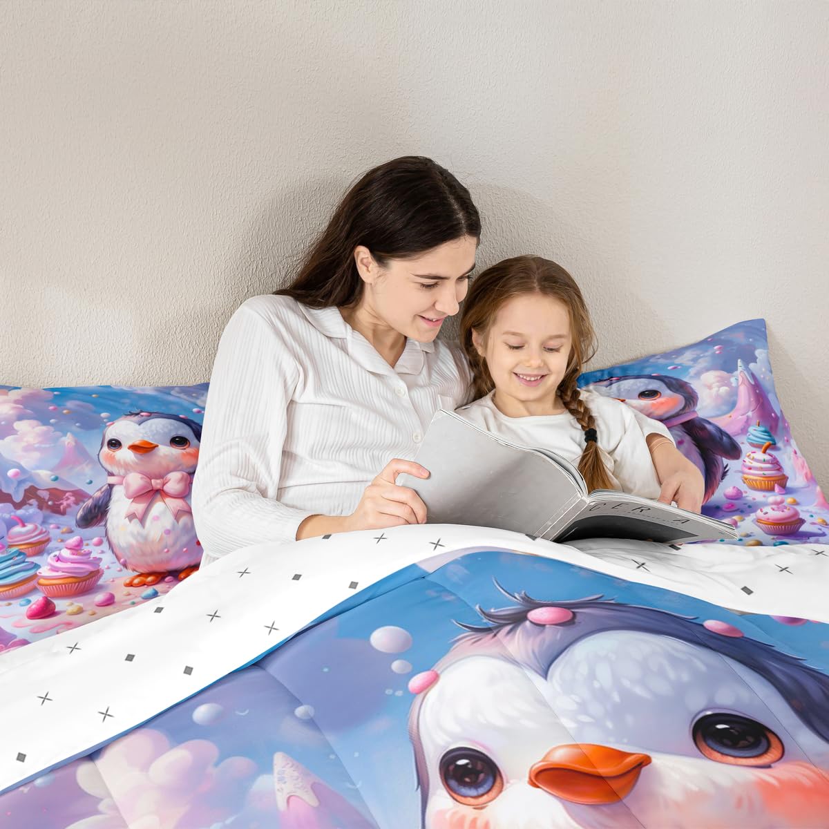 Erosebridal Cute Penguin Comforter Set Queen Kawaii Penguin Bedding Set Antarctica Animals Wildlife Print Comforter for Kids Boys Girls,Colorful Desserts Quilt Duvet