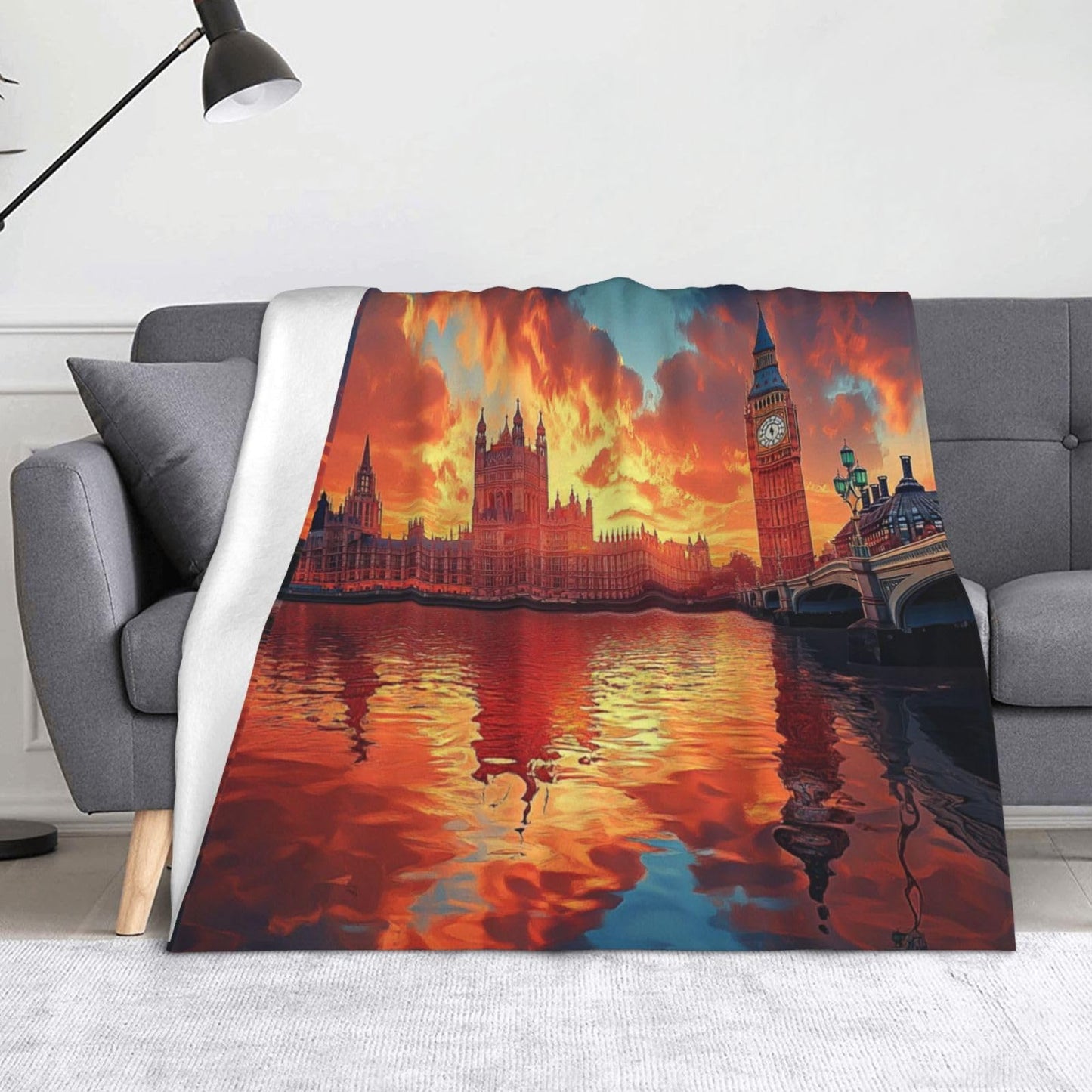 CDSASHCA Ultra-Soft Micro Fleece Blanket,London Skyline At Sunset With Big Ben,Thames Reflection Art,Lightweight Warm For Couch Bed,Hypoallergenic Anti-Pilling,Machine-Washable Travel Decor 50X60 Inch