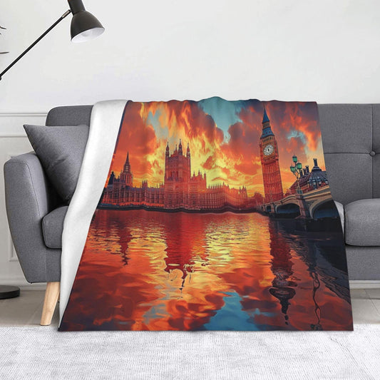 CDSASHCA Ultra-Soft Micro Fleece Blanket,London Skyline At Sunset With Big Ben,Thames Reflection Art,Lightweight Warm For Couch Bed,Hypoallergenic Anti-Pilling,Machine-Washable Travel Decor 50X60 Inch