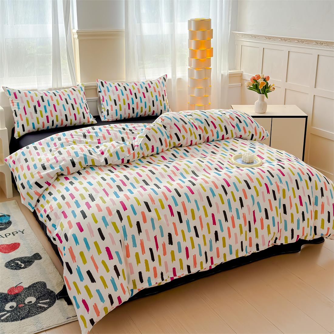LIWHENHAO Rainbow Striped Duvet Cover Set Queen 100% Cotton Bedding Colorful Blue Red Black Stripe on White 1 Modern Abstract Geometric Comforter Cover Full 2 Pillowcases for Kids Girls Boys Woman