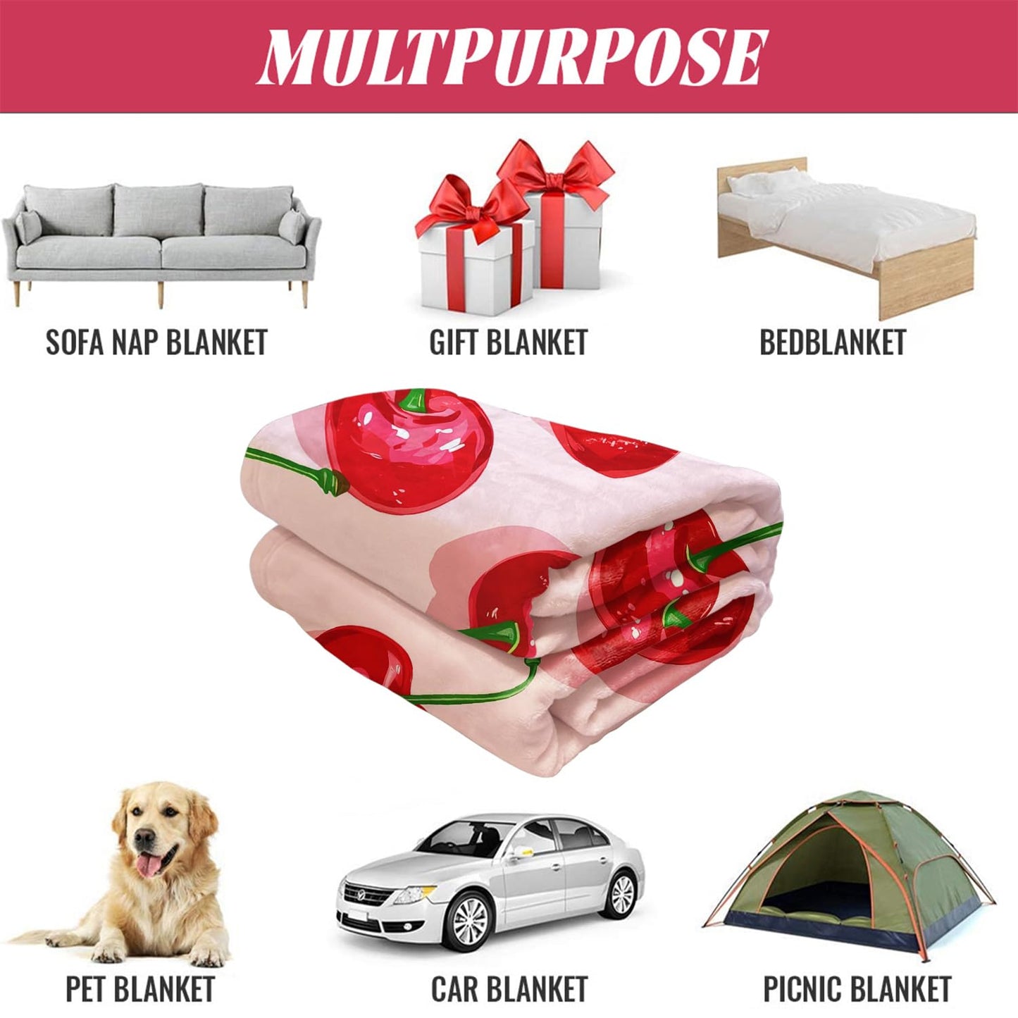 XSMEI Cherry Pattern Throw Blanket, Decorative Fleece Blanket with Fresh Fruit Design, Super Soft Warm and Cozy, Gifts for Women Girls Kids, 60" x 80"