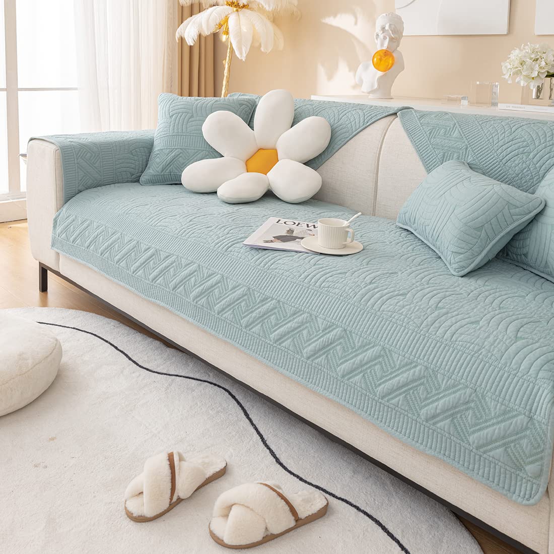 XSlive Farmhouse Cotton Quilted Sofa Cover Weave Pattern Embroidery Sectional Couch Cover Soft Nonslip Sofa Slipcover Furniture Protector Cover for Pets Kids Children Dog Cat (Light Blue,28"x28")