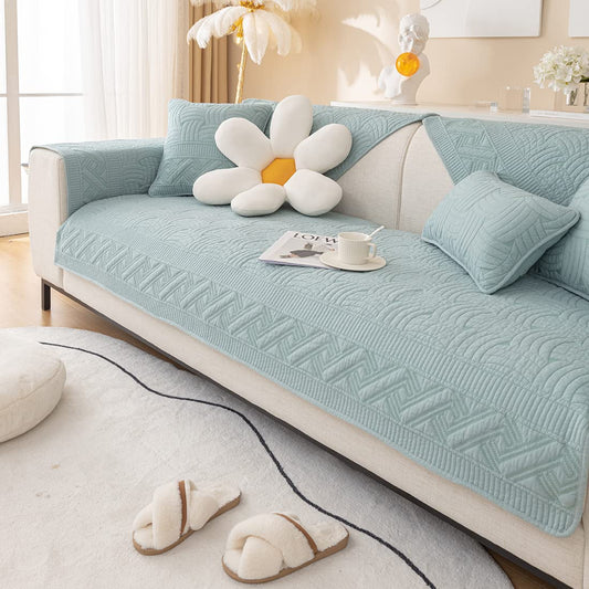 XSlive Farmhouse Cotton Quilted Sofa Cover Weave Pattern Embroidery Sectional Couch Cover Soft Nonslip Sofa Slipcover Furniture Protector Cover for Pets Kids Children Dog Cat (Light Blue,28"x28")