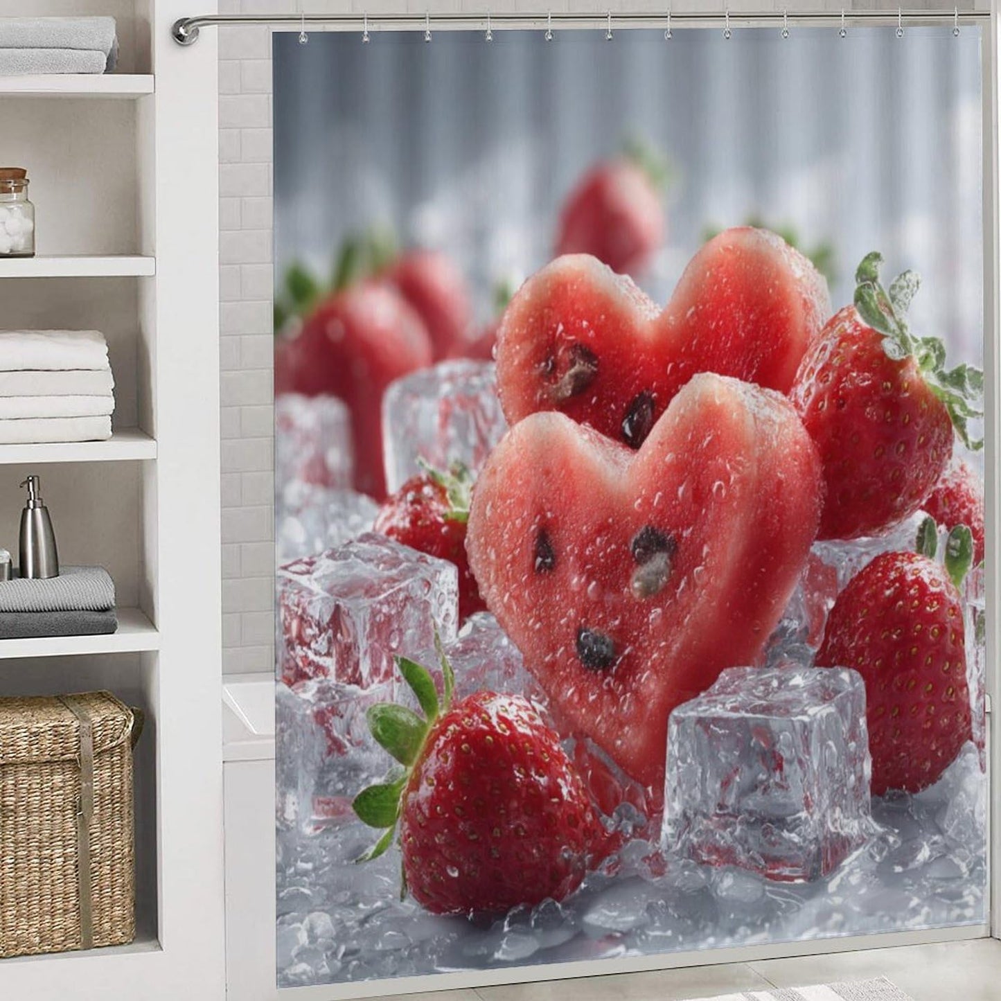 INSFBRB Rustic Colorful Watermelon Shower Curtain Sets with Rug,Toilet Lid Cover and Bath Mat,Realistic Modern Summer Ice Cubes Fruit Watermelon Strawberries 4 Piece Bathroom Set