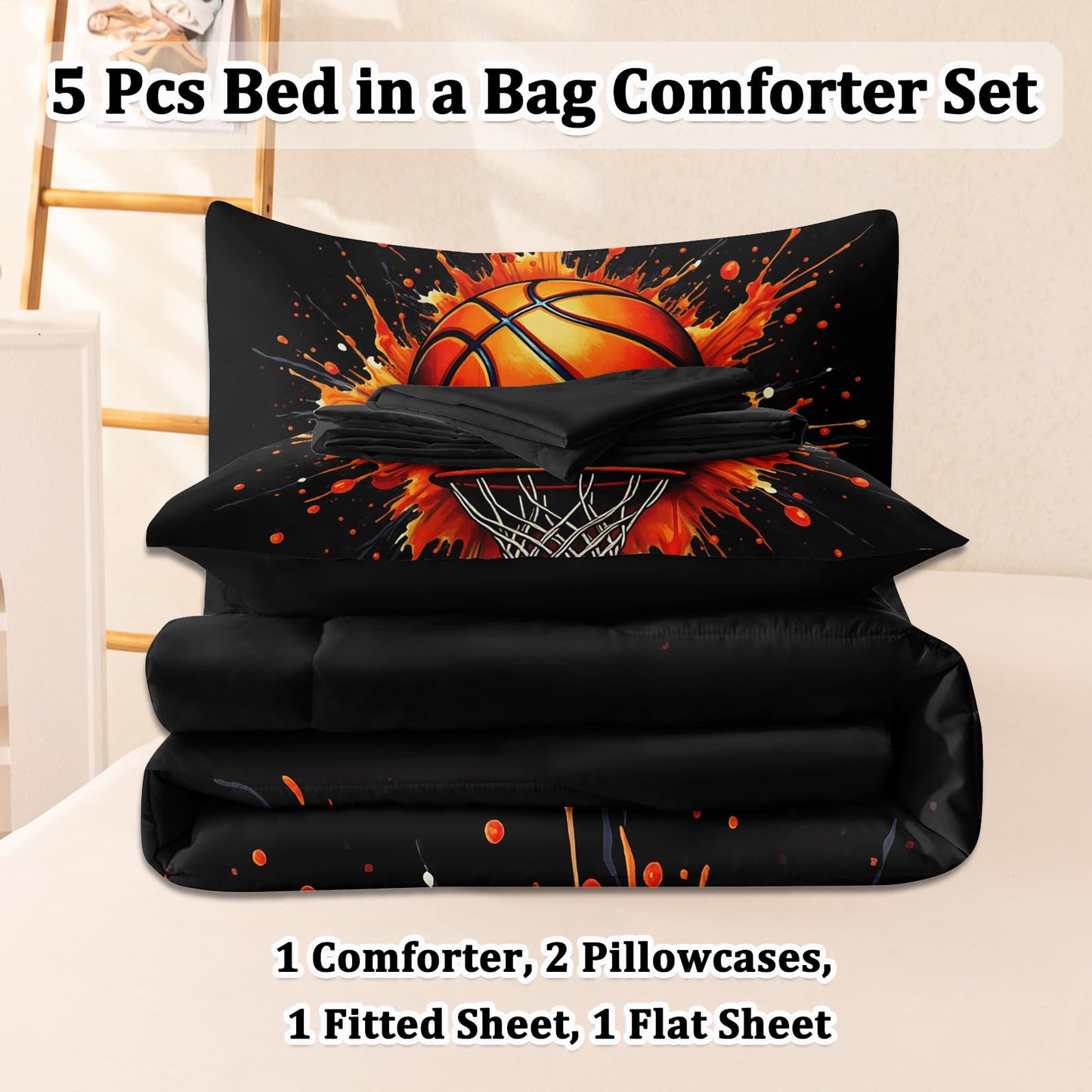 HICAND 5 Pcs Basketball Full Bedding Set for Boys Teens, Full Size Sports Cool Basketball Boys Comforter Set with Sheets