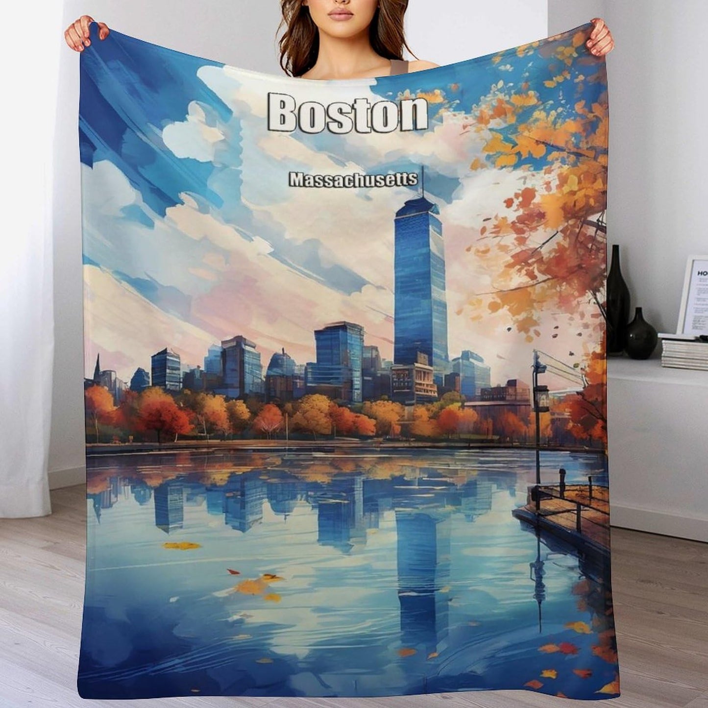 Boston Massachusetts City Skyline Landscape Abstract Blanket Soft Flannel Lightweight Blanket Outdoor Travel Carry Living Room Bedroom Sofa Decoration Gifts 60x80 Inch