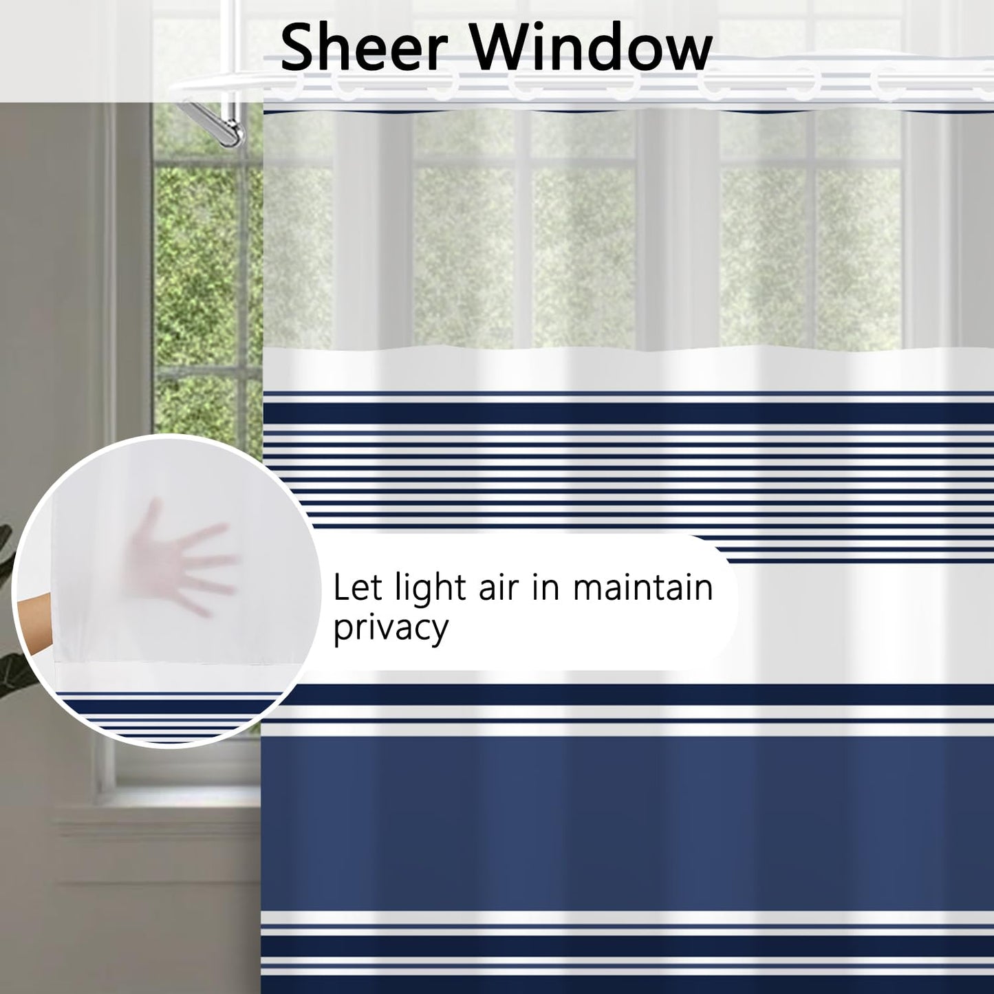 NAEMBCU No Hook Navy Blue Striped Shower Curtain with Snap in Liner Set