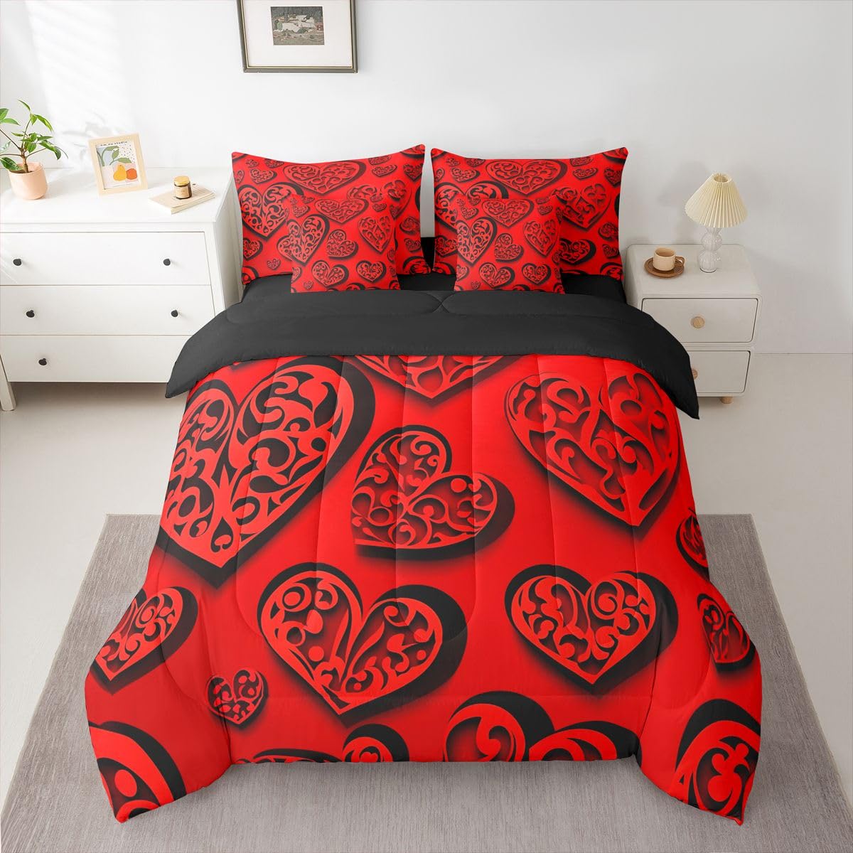 Erosebridal Red Love Heart Full Bedding Set - Valentines Day Decor Bed in A Bag,Cute Heart Comforter Sets with Sheets, Romance Couple 7 Pieces Bed Set Bedroom Decor
