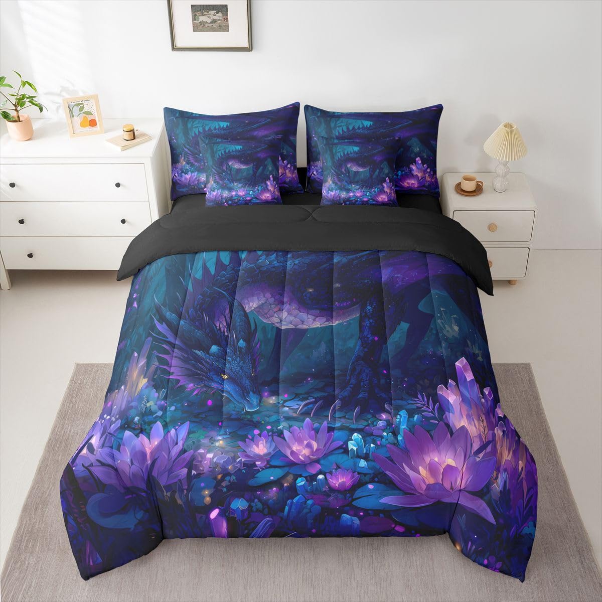 Feelyou Dragon Comforter Set with Sheets 7 Piece Twin Size Dragon Stuff Bedding Set for Kids Boys Girls Wild Life Bed in a Bag Magic Wildlife Room Decor Purple and Black Soft Lightweight Microfiber