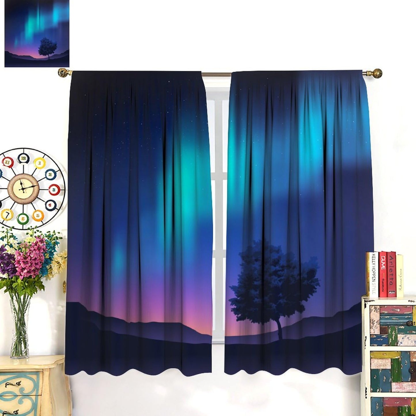 GoDazzling Night Nature Landscape Curtains, Blue Pink Northern Lights Night Tree Under Starry Sky Rod Pocket Window Drapes, for Bedroom Living Room 41" W X 45" L (No Blackout)
