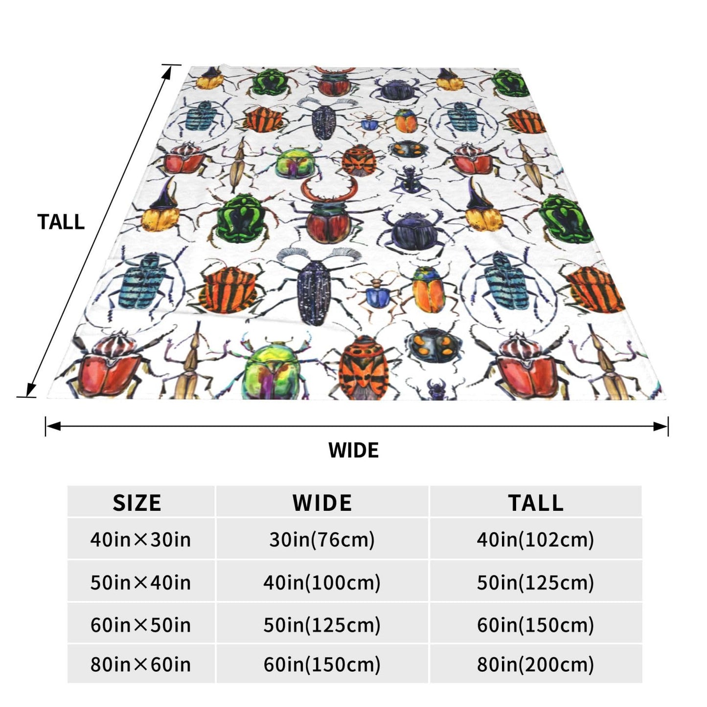Colorful Beetle Insect Print Blanket 60"x80" - Ultra Soft Flannel Fleece Throw for Adults & Kids, Bug Lover Gift, Cozy Lightweight Blankets for Couples & Children, All-Season for Bed/Couch/Camping