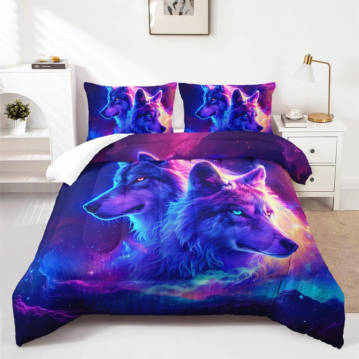 AILONEN Wolf Bedding Set Twin Comforter Set for Boys,Purple Galaxy Wolf Comforter Set for Kids Teen,Safari Wolf Bed in a Bag 3 Pieces,Starry Wolves Comforter with 2 Pillowcases