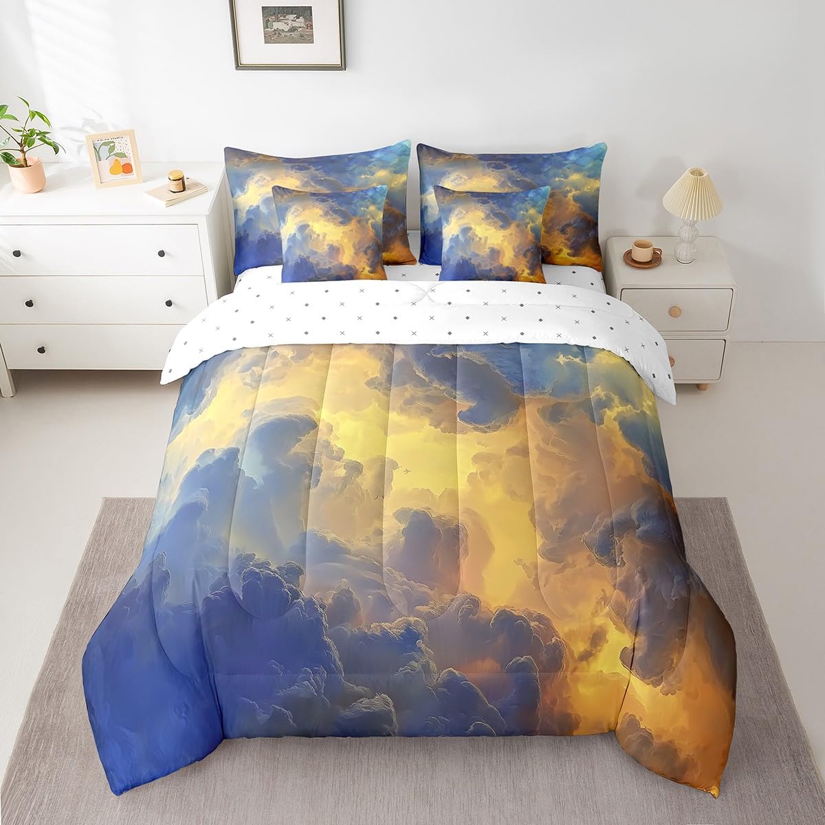 Erosebridal Beauty Weather Nature Comforter Set Full Size,Oil Painting Clouds Bedding Set for Kids Teens,Sunscape (Comforter+Fitted+Flat Sheet+2 Pillowcases+2 Throw Pillow Covers) 7 Pieces Bed Set