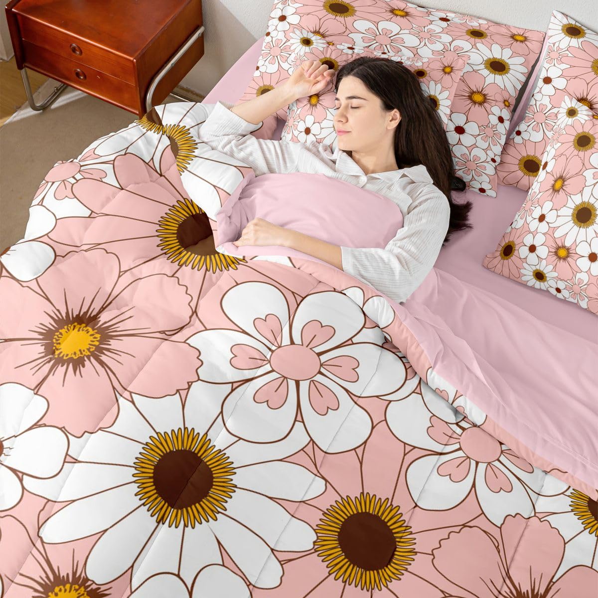 Erosebridal 7 Pcs Pink Daisy Bedding Set Twin for Girls Boho Floral Comforter Set with Sheets for Kids Teens Women Coquette Room Decor Groovy Floral Bed in A Bag Aesthetics Flower Bed Sets All Season