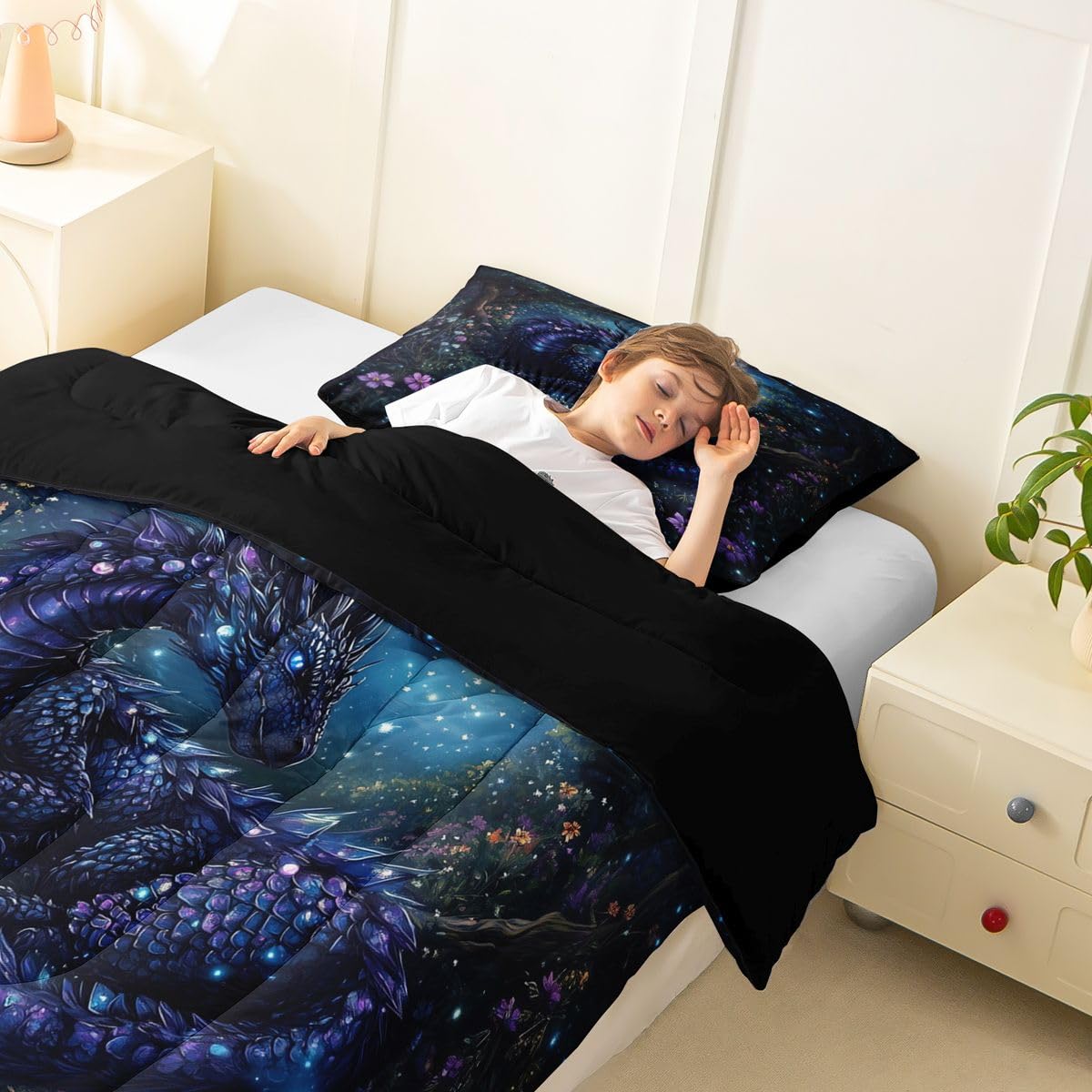 Feelyou Dragon Bedding Set Soft for Boys Girls, Jungle Dragon Comforter Set Twin Size Magical Beast Duvet Quilt Microfiber Fantasy Animal Bedroom Decor Wild Life 2 Pcs with 1 Pillow Cases