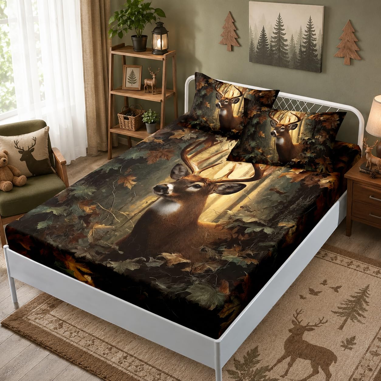 HOSIMA Deer Twin Fitted Sheet for Kids,Lightweight Brown Animal Bedding for Teens Boys Room Decor,Hunting Themed Forest Deer Bedding,1 Fitted Sheet+2 Pillowcases.