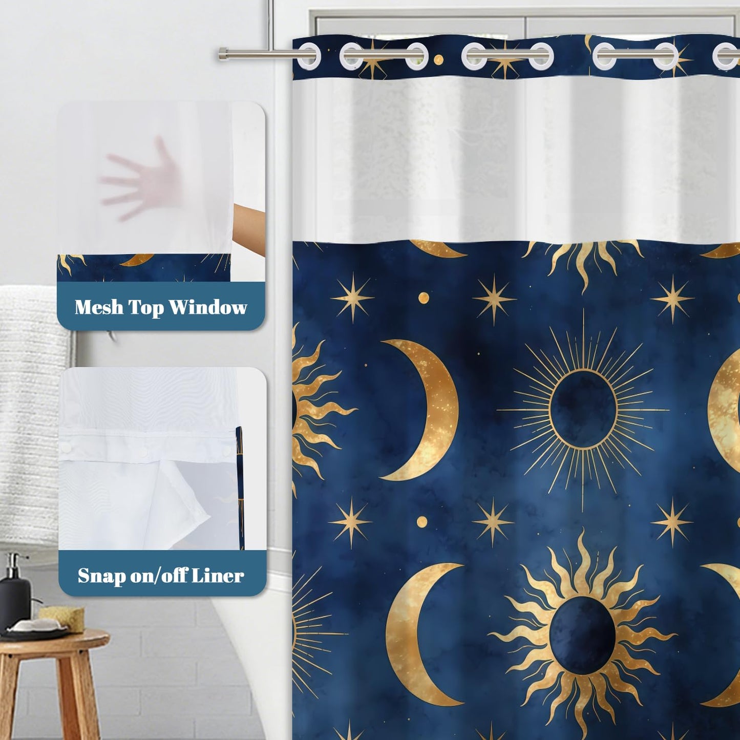 Xiazhilaio Celestial No Hook Shower Curtain with Snap in Liner, 71x74 Inch