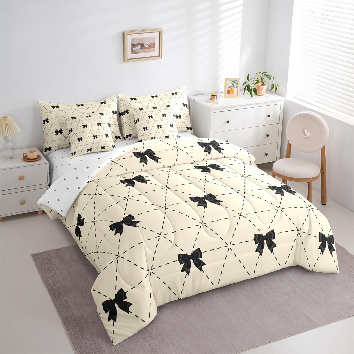 Erosebridal Black Bow 7 Piece Comforter Set King for Kids Bedroom | Modern Bow Tie Bedding Set for Girls Coquette Bows Comforter with Sheets Girly Bowknot Striped Geometric Soft Warm Quilt Duvet