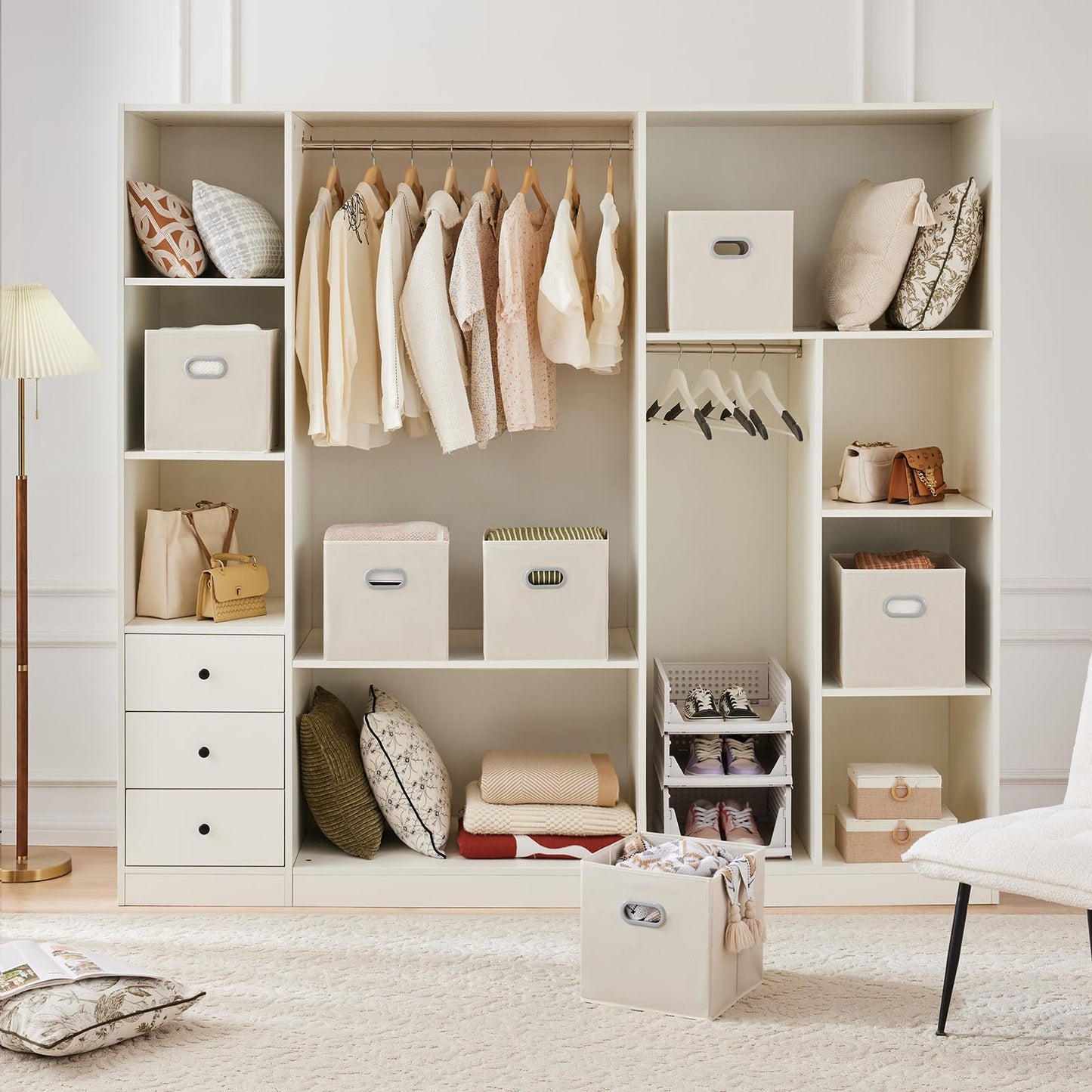 MAX Houser 6 Pack Foldable Fabric Storage Bins with Handles - Ideal for Closet Organization, Bedroom （Beige,12"x12"x12"）