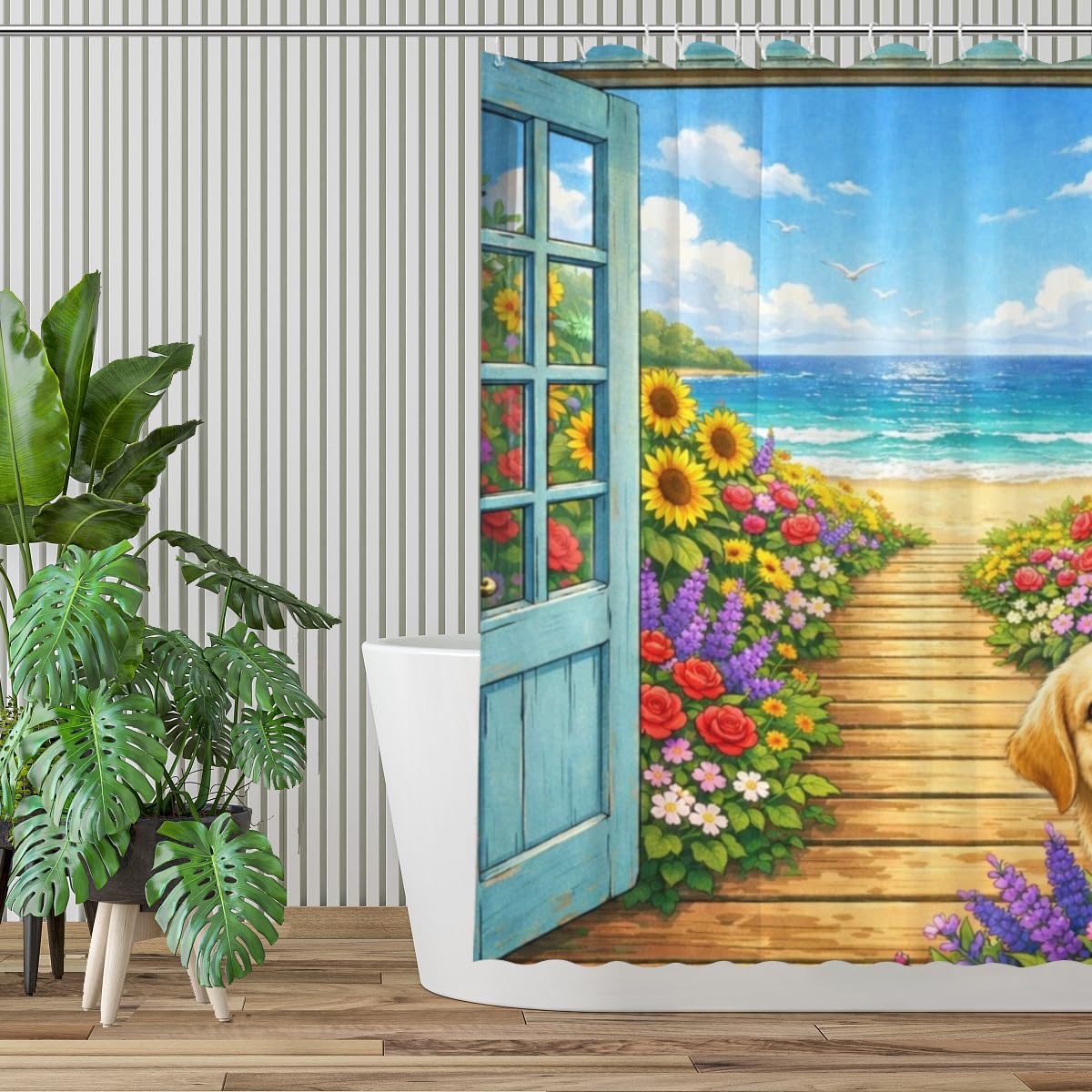 REZHOCH Beach Animal Shower Curtain 72x72Inch,Fun Golden Retriever Ocean View Bathroom Decor,Floral Pathway Seaside Holiday,Spring Summer Coastal Waterproof Fabric Bath Set with Hooks