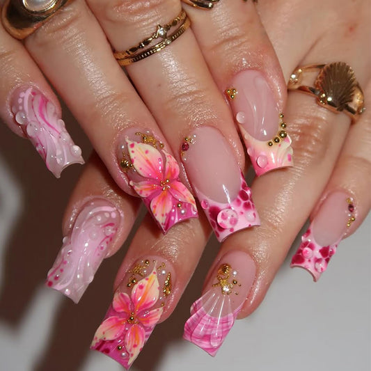24Pcs Pink Flower Press on Nails Medium Square French Tip Fake Nails with 3D Gold Rhinestones Design Glitter False Nails Nude Full Cover Artificial Glue on Nails Spring Summer Stick on Nails for Women
