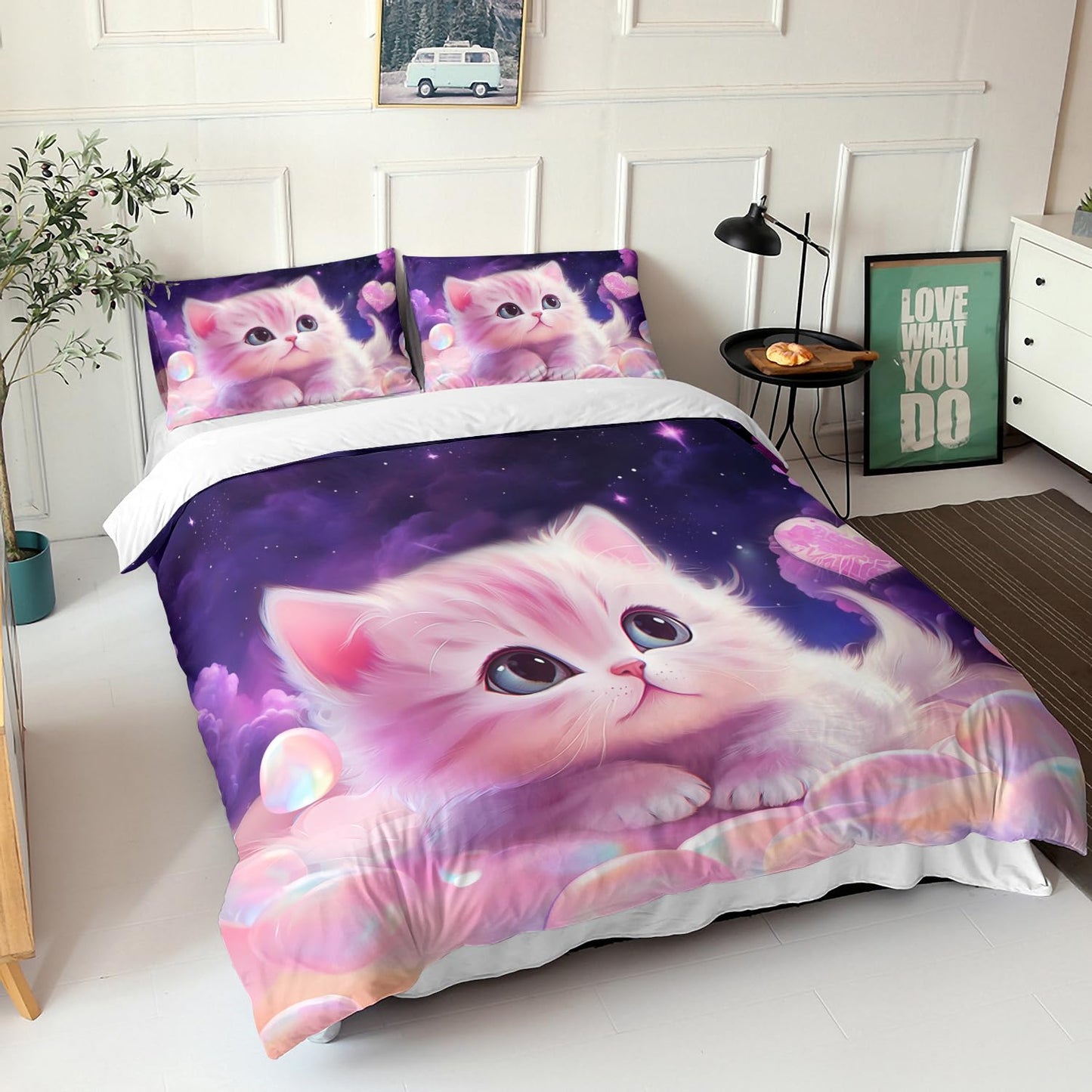 AILONEN Girls Cat Duvet Cover Set Full Size, 3 Pieces Kids Bedding Cartoon Comforter Cover Set, Purple Fantasy Pet Bedding Set for Kids Girls, Sky Clouds Quilt Cover and 2 Pillowcases