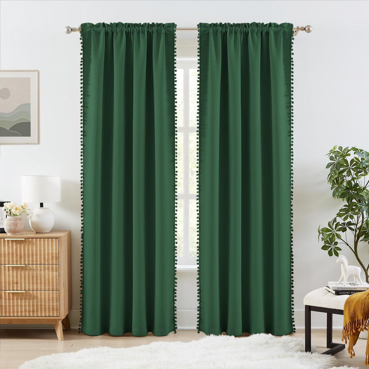Melodieux Green Pom Pom Blackout Curtains 84 Inches Long for Bedroom, Boho Black Out Curtains 2 Panels for Living Room, Rod Pocket Kids Girls Nursery Drapes Elegant Cotton Textured, 52" W x 84" L