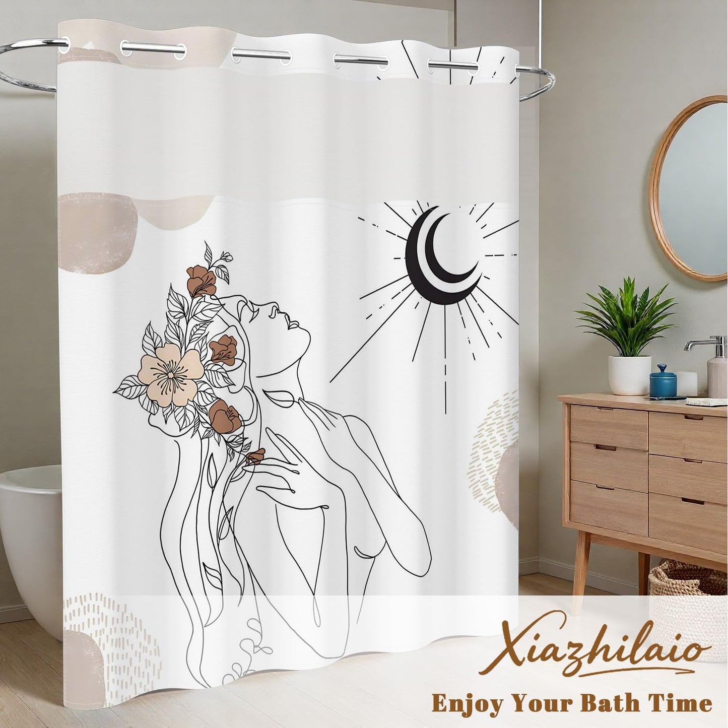 Xiazhilaio No Hook Bohemian Art Shower Curtain with Snap in Liner - 71″W x 74″L Waterproof Fabric with Mesh Top Window, Abstract Woman Floral Celestial Print Bath Curtain for Artistic Bathroom Decor