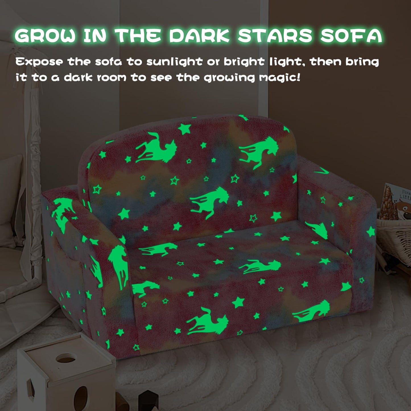Foryoomi Extra Wide Kids Couch, Kids Sofa, Toddler Sofa, Glow in The Dark, 2-in-1 Soft Toddler Couch with Blanket and Pillow, Pink
