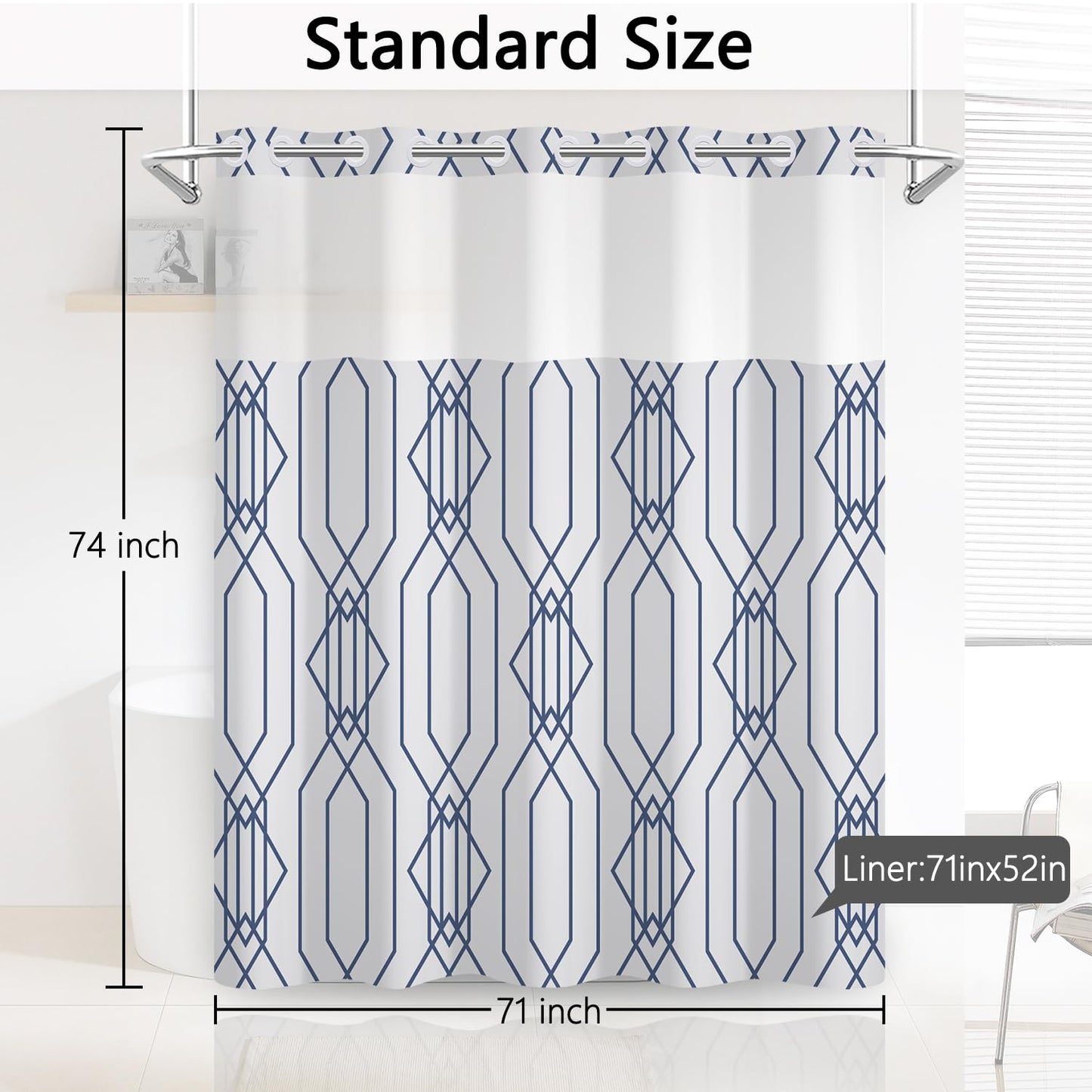NAEMBCU No Hook Shower Curtain and Liner Set - Blue Gray Geometric Bathroom Shower Curtain with Liner, Waterproof Fabric with See Through Top Window, 71x74 Inch