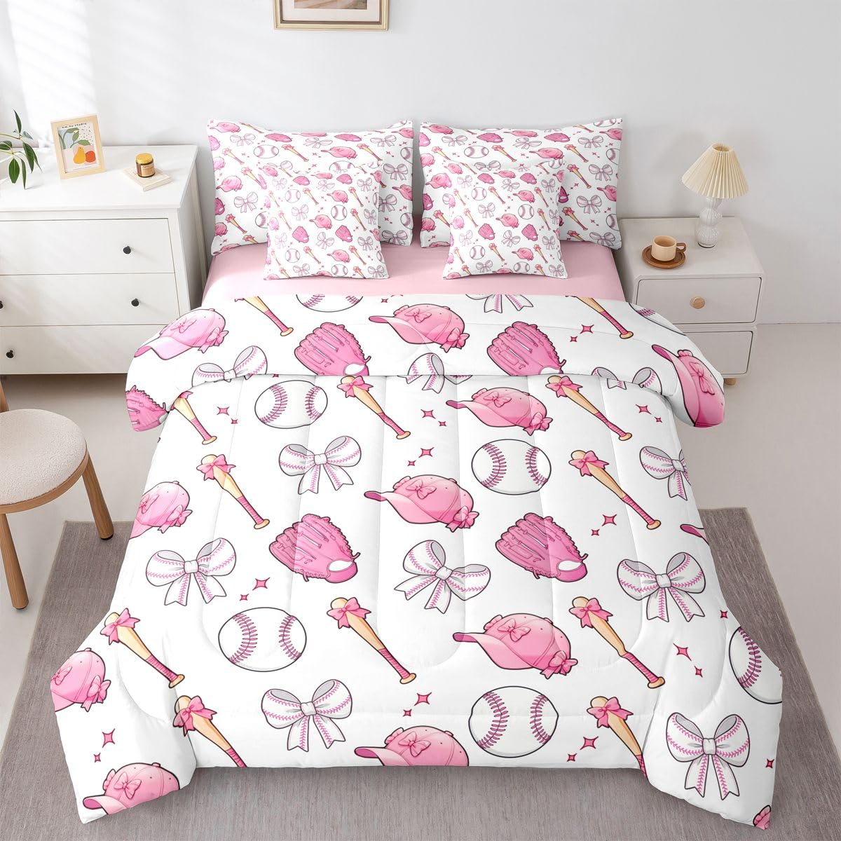 Castle Fairy Baseball Bow 7 Piece Comforter & Sheet Sets Full Size,Pink Bowknot Bedding Set Baseball Bat and Cap Bed in a Bag Cute Girly Sports Flat & Fitted Sheets,4 Pillow Covers