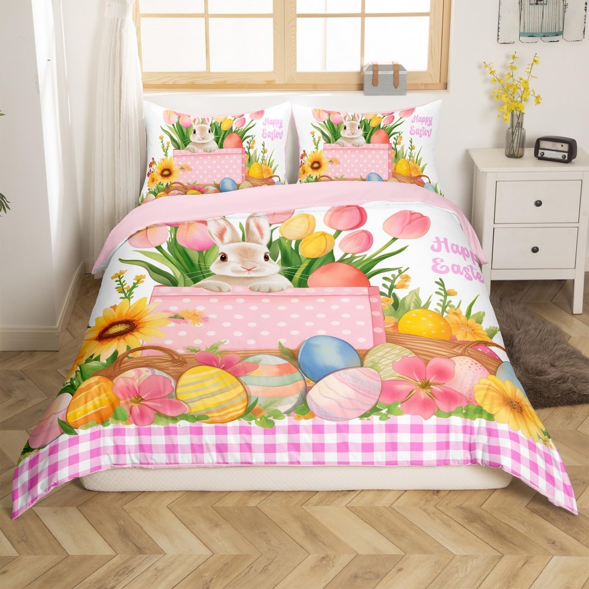 Erosebridal Easter Decorations,Rabbit Comforter Cover Happy Easter Themed Easter Egg Duvet Cover,Pink Yellow Tulip Flowers Checkered Grid Bedding Set Queen,Easter Gifts for Toddlers Kawaii Room Decor