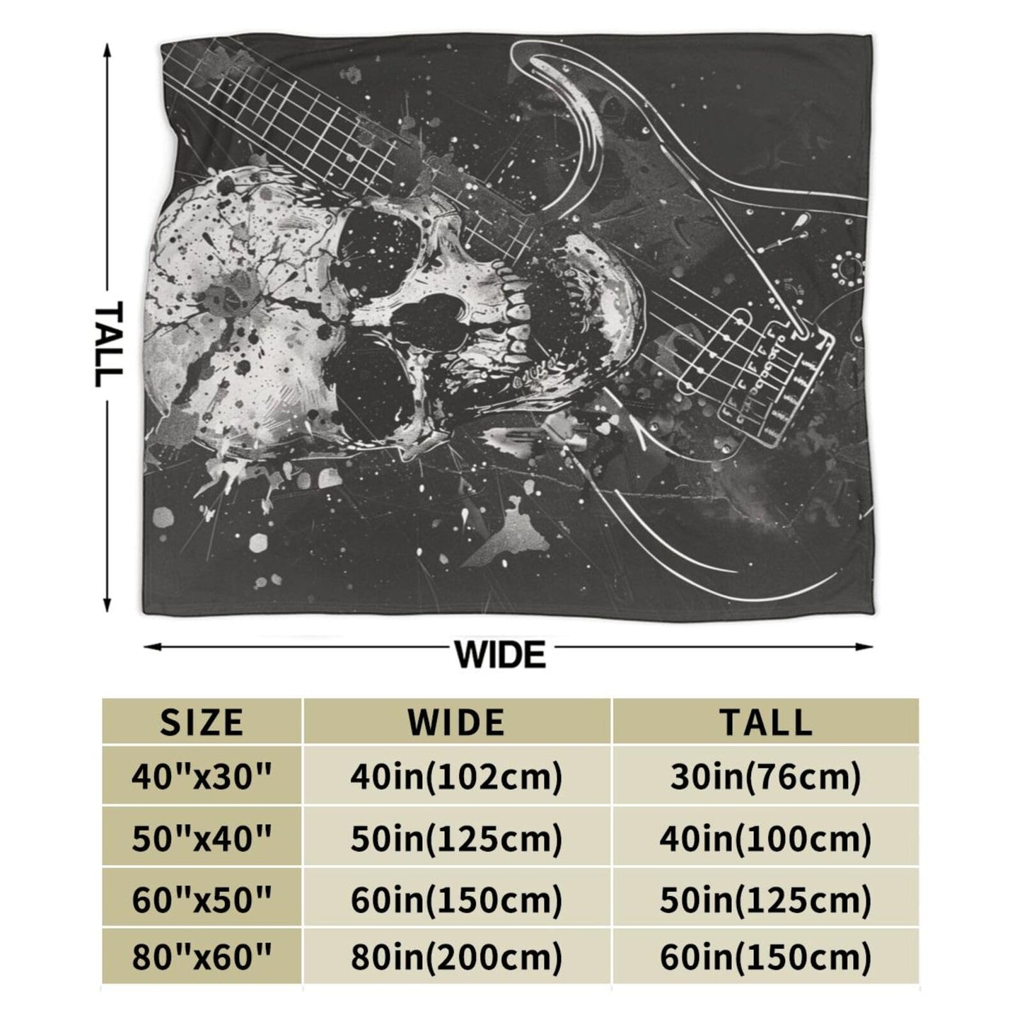 Qycazzw Rock Skull Guitar Blanket Gifts for Women Girls Kids, Gothic Heavy Metal Music Throw Blankets, Soft Cozy Flannel Throws for Sofa Couch Bedroom Decor 50x60in