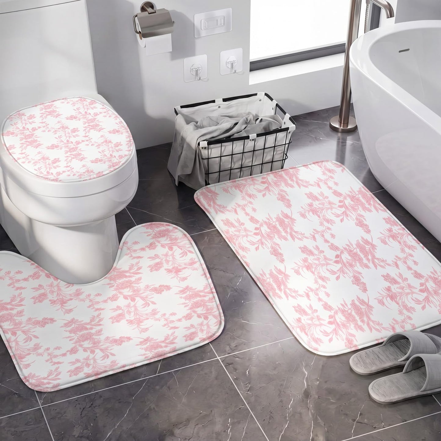 CrystalSylara 12 Pcs Pink Floral Bathroom Shower Curtain Set with 72 Inch Cotton Floral Shower Curtain, Non-slip Rug, Toilet Lid Cover, Bath Mat, 3 Towel, 5 Showers Caddy, Hook for Dormitory Apartment
