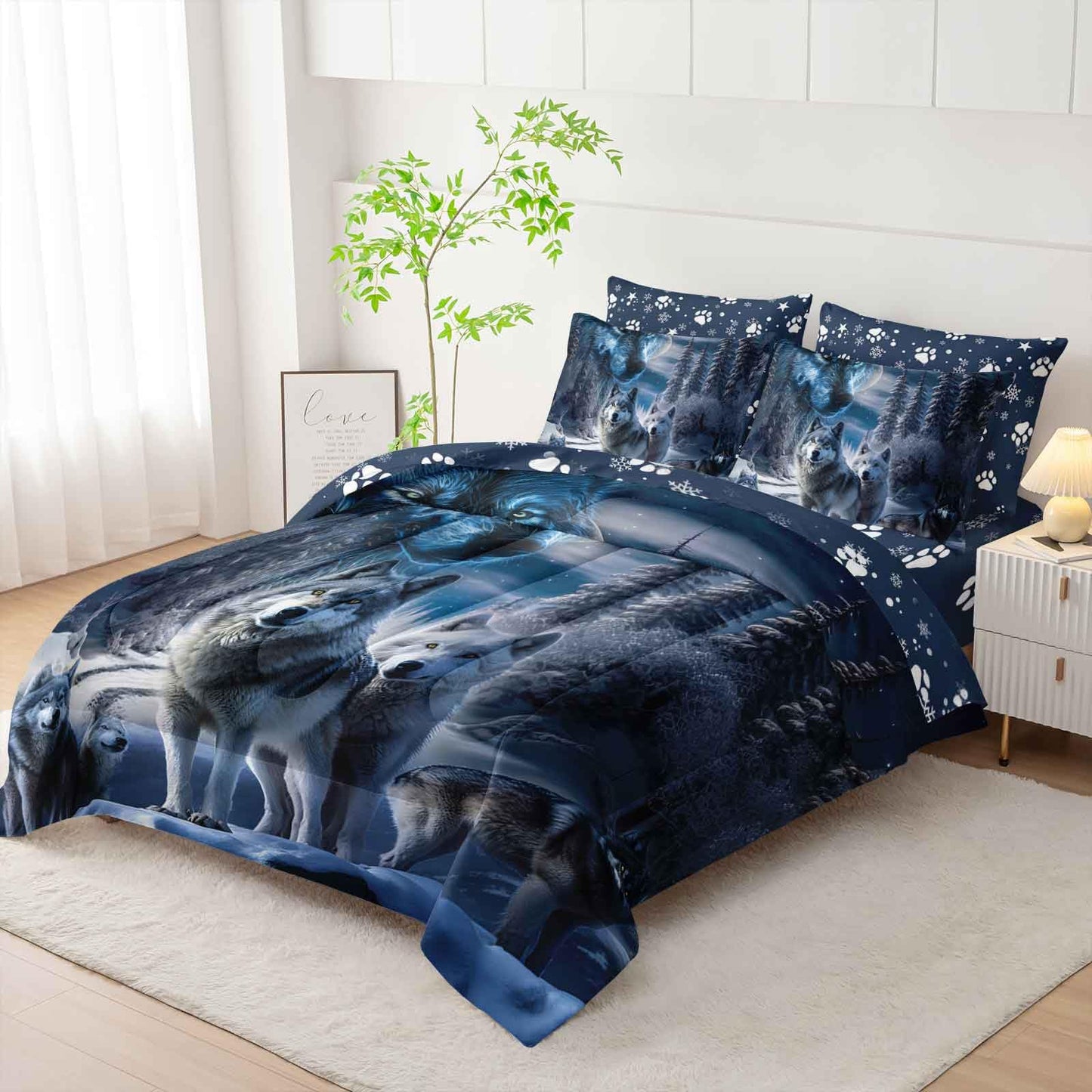 AILONEN Boys Snow Wolf Comforter Set Full Size,7-Piece Bed in a Bag Soft Microfiber for Kids Adults,Safari Wolves Printed Comforter & Fitted Sheet & Flat Sheet & 2 Pillowcases,2 Pillow Shams