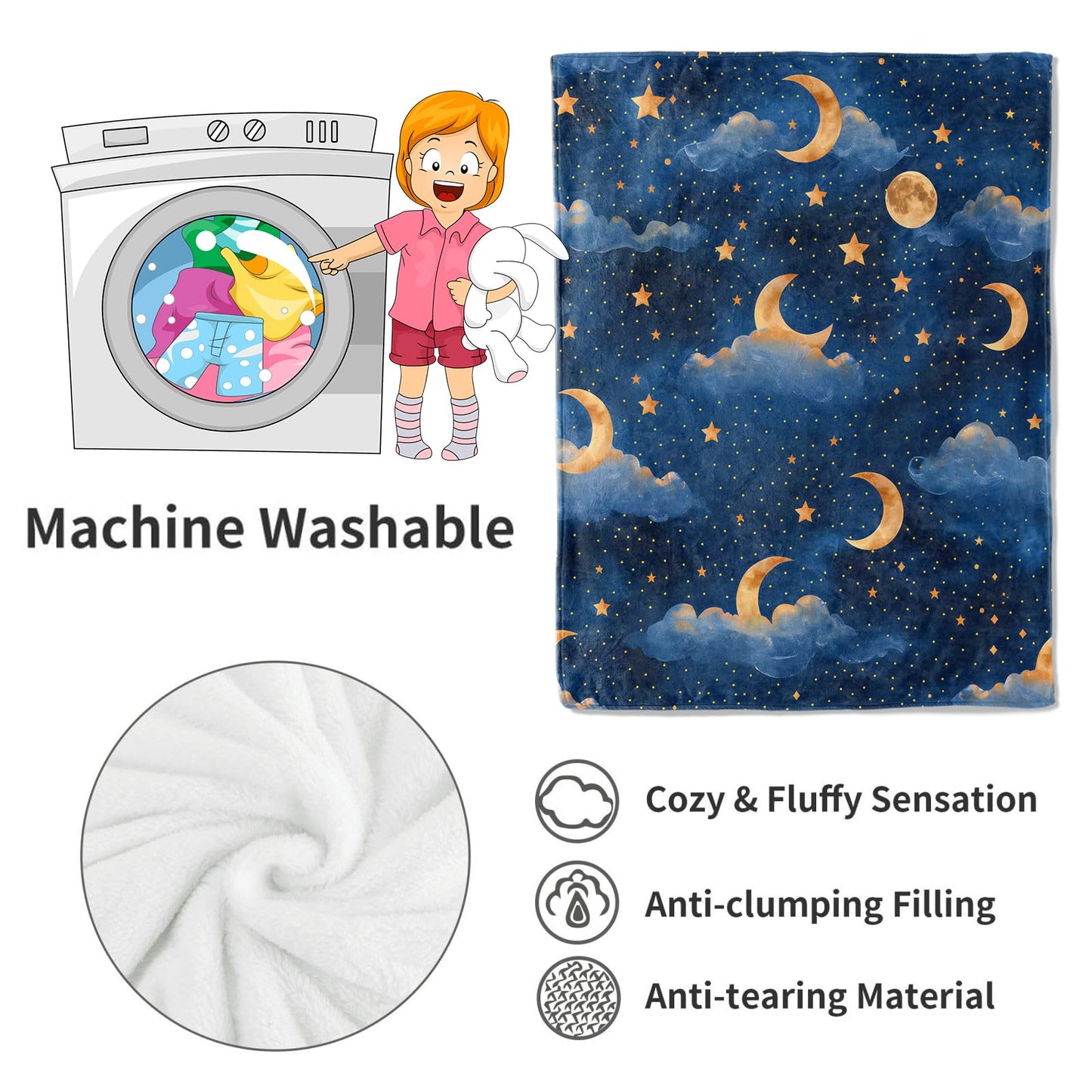 VODRM Moon Cloud Stars Blanket Dreamy Night Sky Throw Blankets Gifts for Girls Boys Adults Lightweight Soft Fleece Cozy for Sofa Couch Bed Room Travel Birthday Party Decor 50x60in