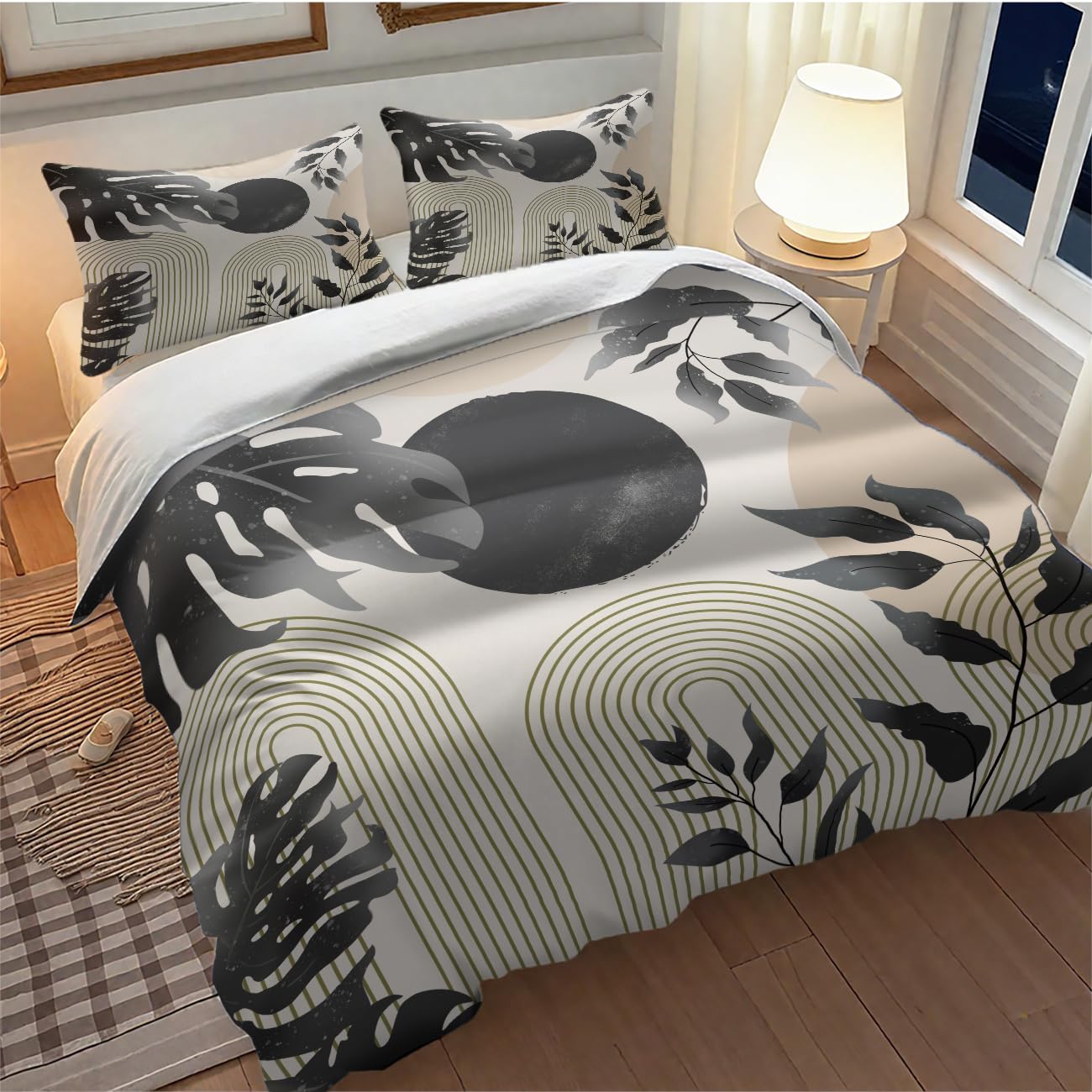 Lnepty Mid Century Leaf Bedding Set,Boho Grey Tropical Plant Palm Leaves Abstract Minimalist Geometic Modern Comforter Set with Pillowcase for Bedroom Bed Decor，Twin 86"x70"