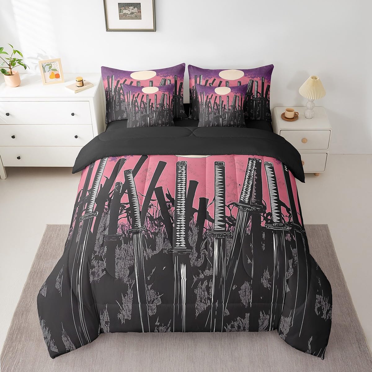 Erosebridal Japanese Comforter Set Twin,Sword Bed in a Bag for Kids Teens Adults,Watercolor Bedding Set 7Pcs,Moonlight Sun Quilt