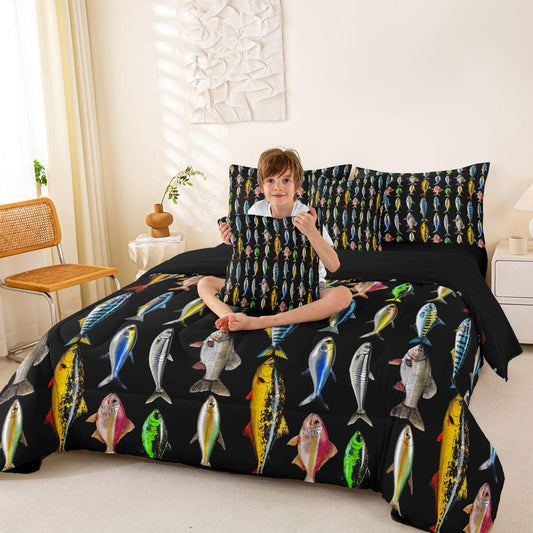 Erosebridal Boys Fishing 7-Piece Bed in a Bag Full Size for Kids Teens - Colorful Fish Bedding Set Rustic Country Fishes Comforter Set with Sheets Hunting and Fishing Duvet Insert
