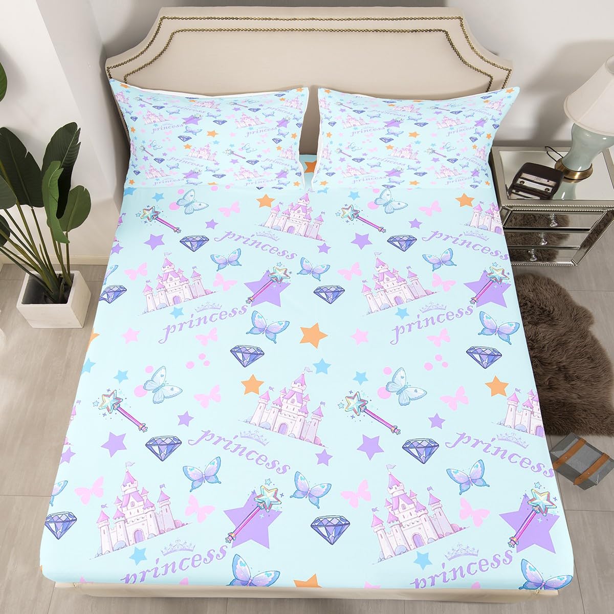 Feelyou Cartoon Castle Fitted Sheet Twin Size for Kids Boys Girls Blue Princess Bed Sheets Set 16" Deep Pocket Soft Breathable Microfiber Cute Butterfly Bedding with 1 Pillowcase Magic Room Decor
