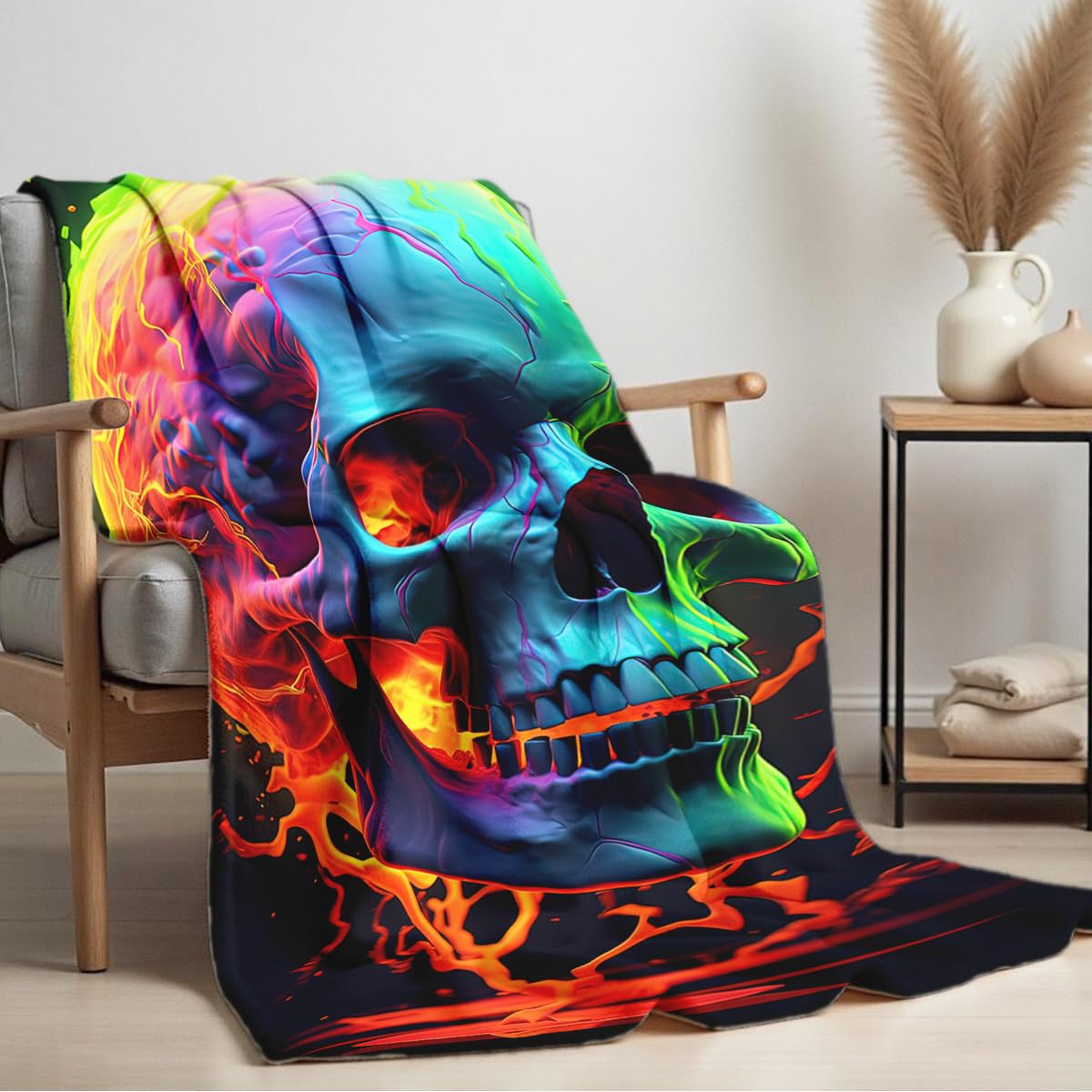 HUNXIAOJ Skull Blanket Throw Skeleton Flannel Blanket Gothic Print Throw Gifts for Kids Girls Boys Adults Women Men Halloween Decor Queen Size Bed Couch (49"x59")