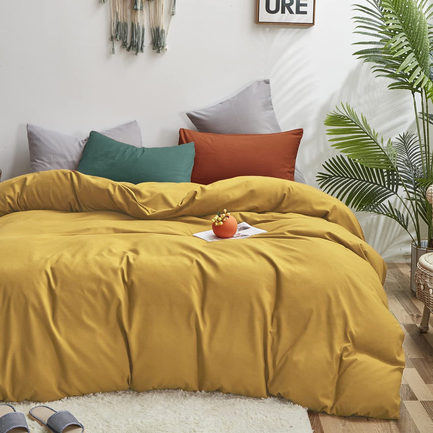Luxlovery Mustard Yellow Comforter Set Queen Modern Bright Yellow Bedding Comforter Set Full Soft Cozy Breathable Quilts 1 Yellow Comforter+1 Green 1 Caramel Pillowcase for Adults Kids