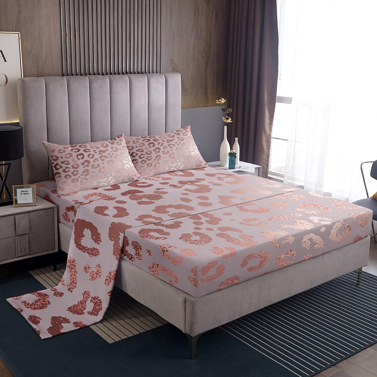Erosebridal Cheetah Print Sheet Set,Luxury Pink Sequin Bed Sheets,Rose Gold Colored Leopard Print Queen Sheets,Safari Animal Fitted Sheet,Ultra Soft Cozy Durable Flat Sheet…