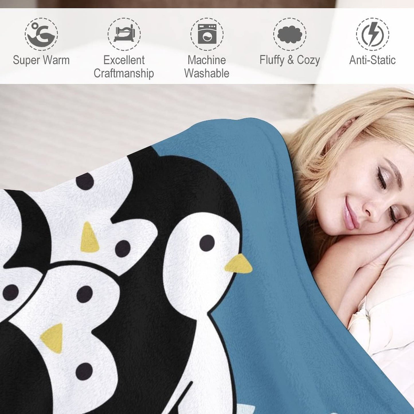 Penguin Blanket Gifts - 60"x80" Cute Throw Blanket for Adults, Kids - Blue Soft Plush Blankets for Bed, Couch & Living Room