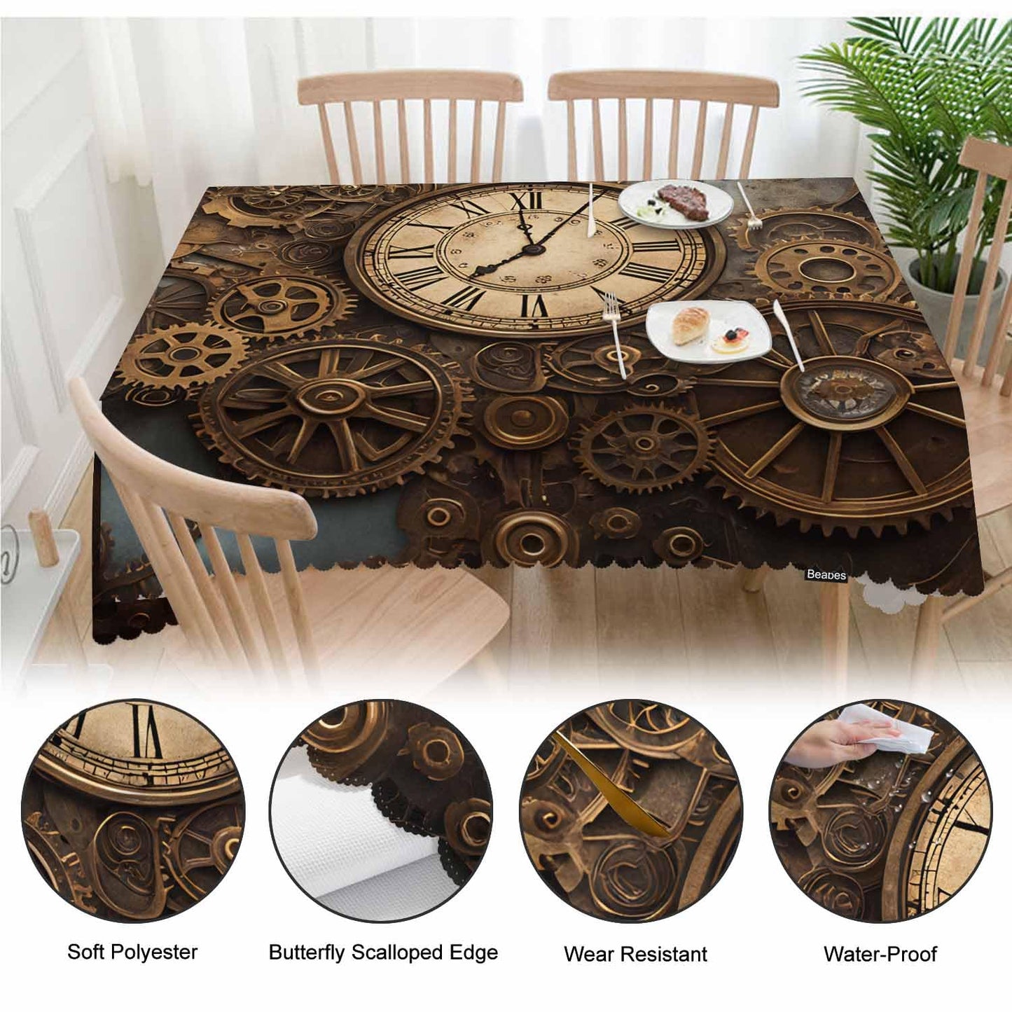 Beabes Clock Gears Tablecloth for Rectangle Tables Rusty Steampunk Clock Gears Brown Picnic Table Cover Indoor and Outdoor Table Cloth Camping Tablecloths for Dinner Kitchen 52"X70"
